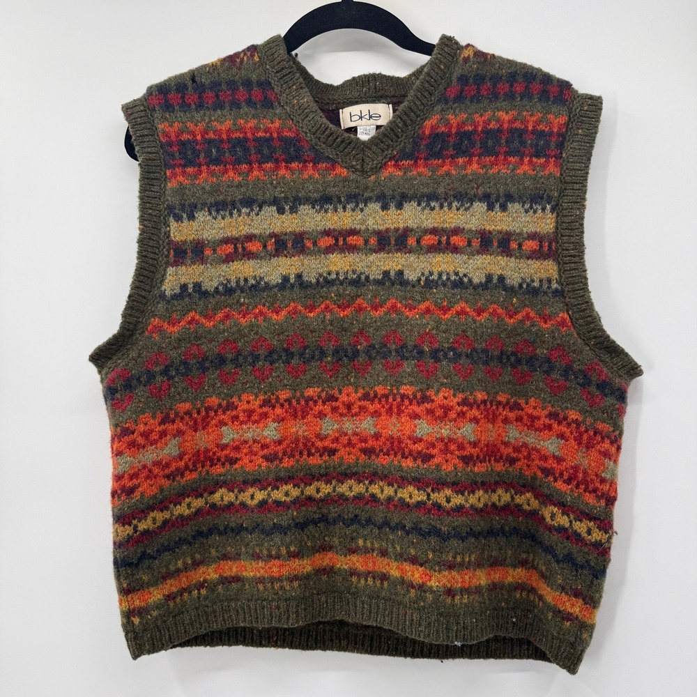 Bkle Womens Size Large Sweater Vest Green Fair Isle Wool Blend V Neck Knit